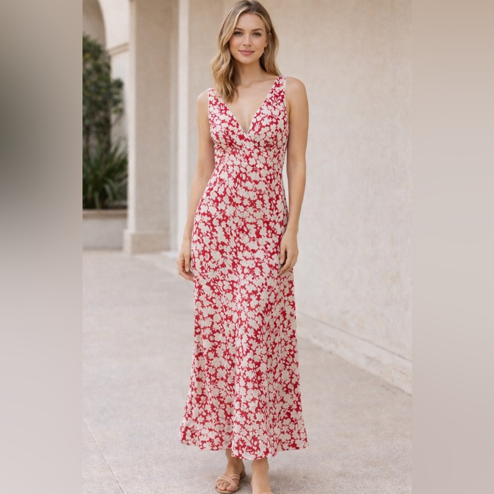 Free People Red and Cream Floral Maxi Skirt